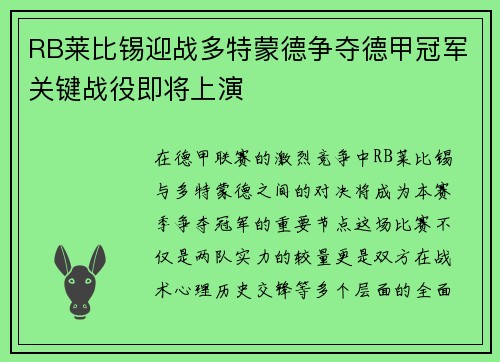 RB莱比锡迎战多特蒙德争夺德甲冠军关键战役即将上演