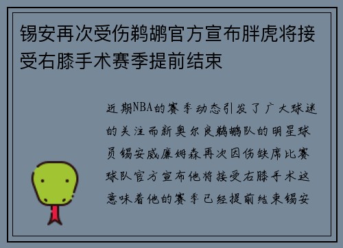 锡安再次受伤鹈鹕官方宣布胖虎将接受右膝手术赛季提前结束