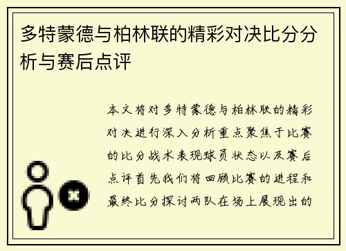 多特蒙德与柏林联的精彩对决比分分析与赛后点评