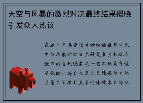天空与风暴的激烈对决最终结果揭晓引发众人热议