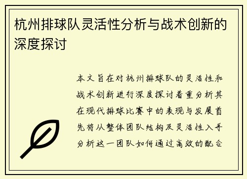 杭州排球队灵活性分析与战术创新的深度探讨