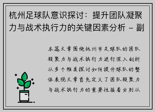 杭州足球队意识探讨：提升团队凝聚力与战术执行力的关键因素分析 - 副本