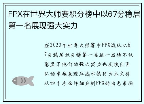 FPX在世界大师赛积分榜中以67分稳居第一名展现强大实力